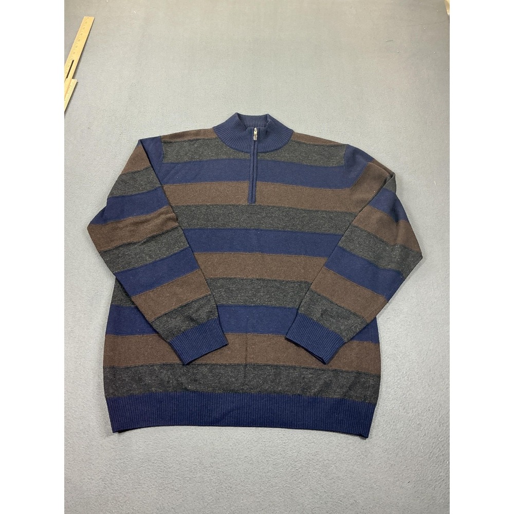 Enzo Mantovani Sweater‎ Mens Large Blue Stripe 1/4 Zip Mock Neck Made Italy Knit
